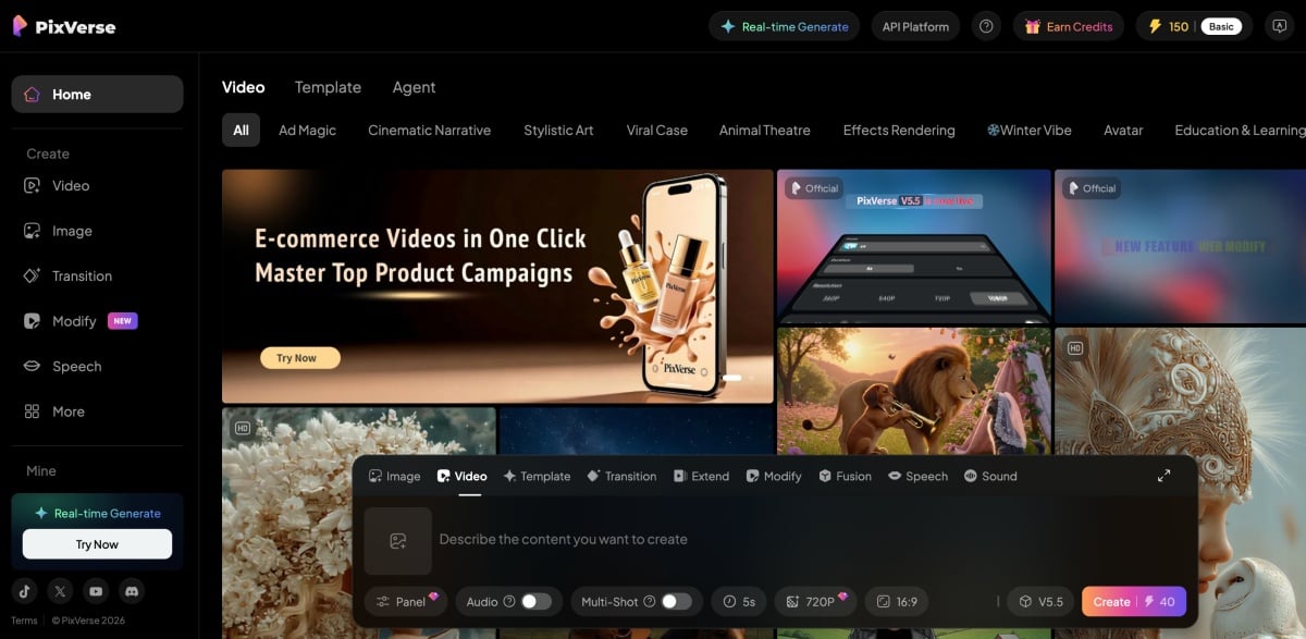 Pixverse AI video generator interface dashboard 2026