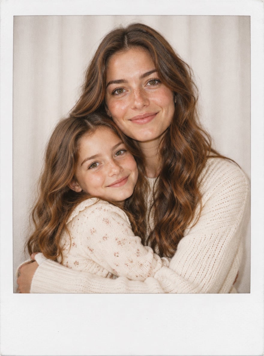 A Polaroid photo of a woman hugging a little girl who looks like her younger self