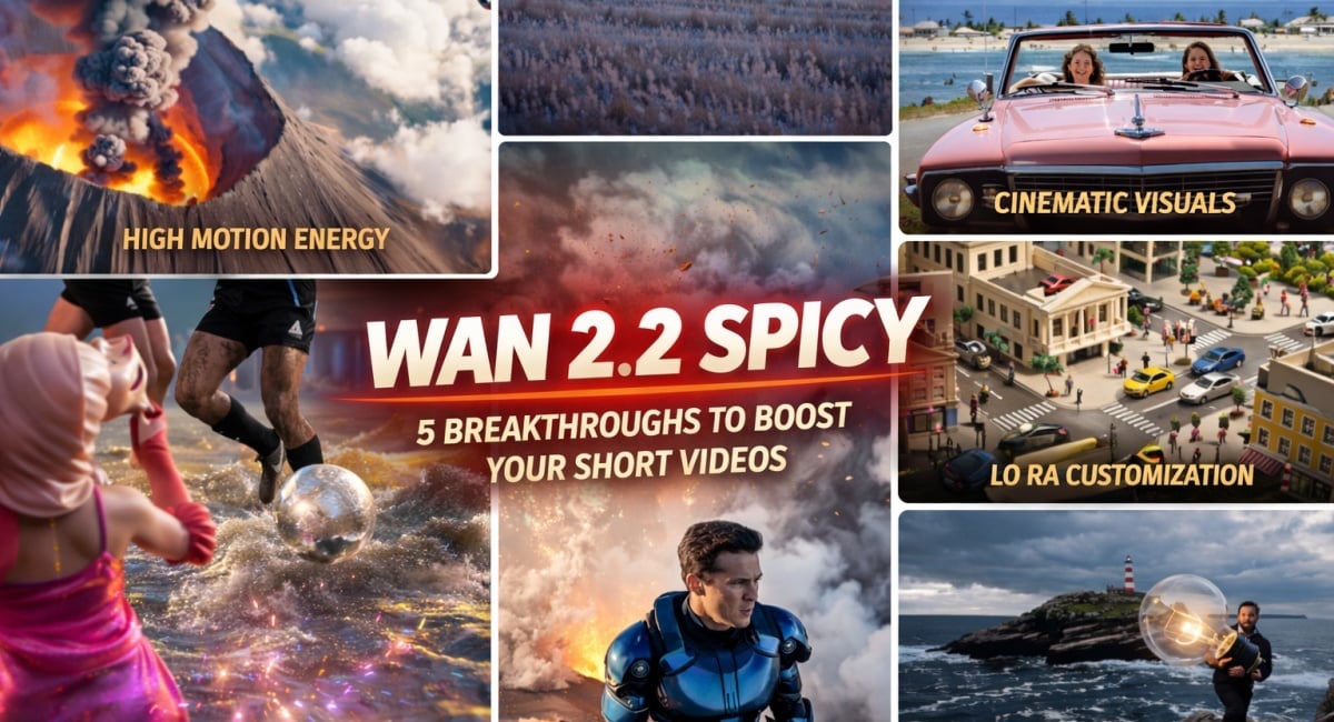 Wan 2.2 Spicyのビジュアルコラージュ、さまざまな映画的シーンと創造的なAI生成動画スタイルを紹介