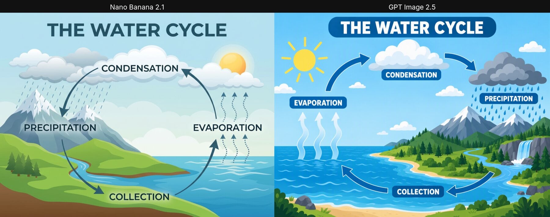 Water cycle infographic: Nano Banana 2.1 vs GPT Image 2.5