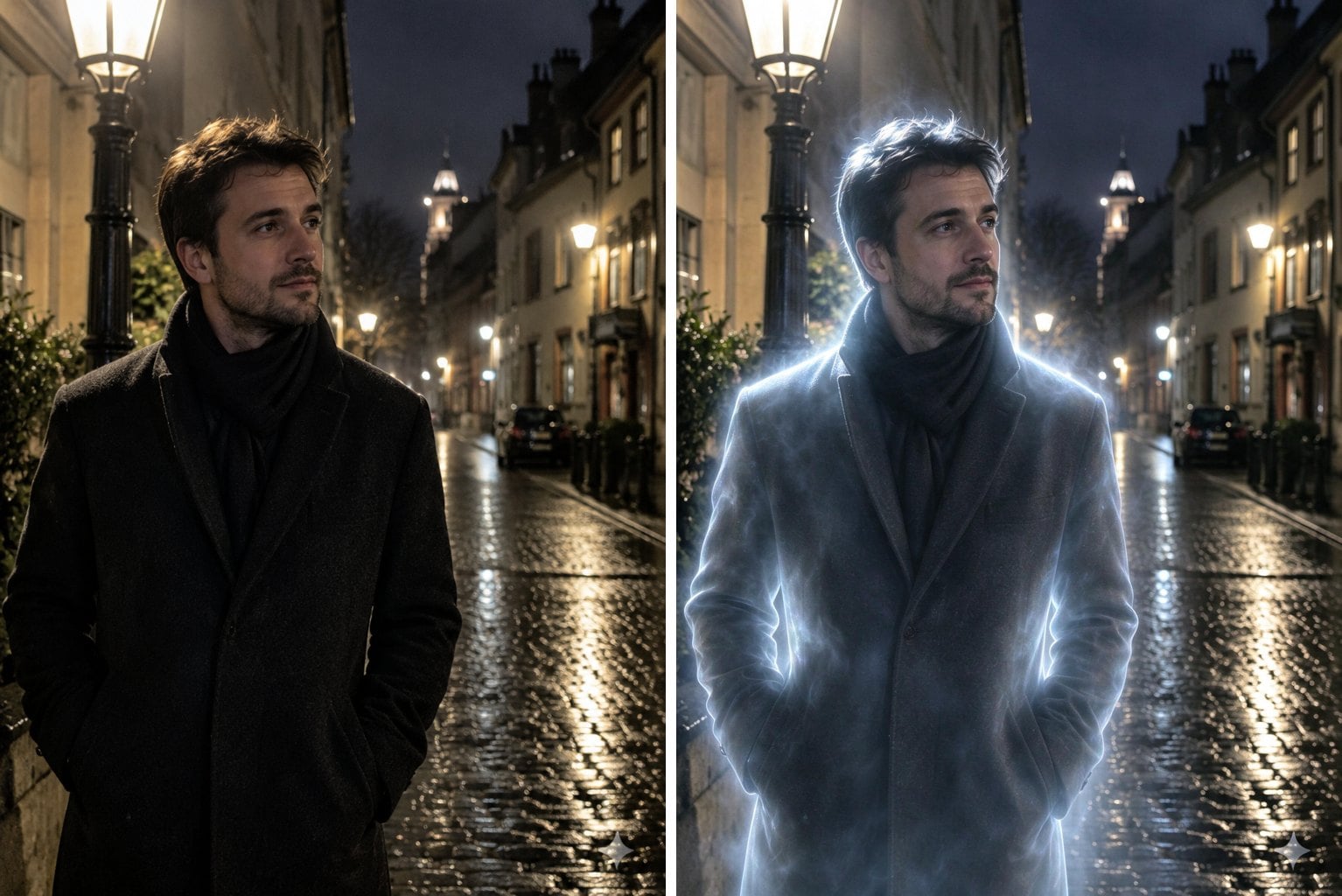 Regennacht in der Gasse - KI-Geisterfilter