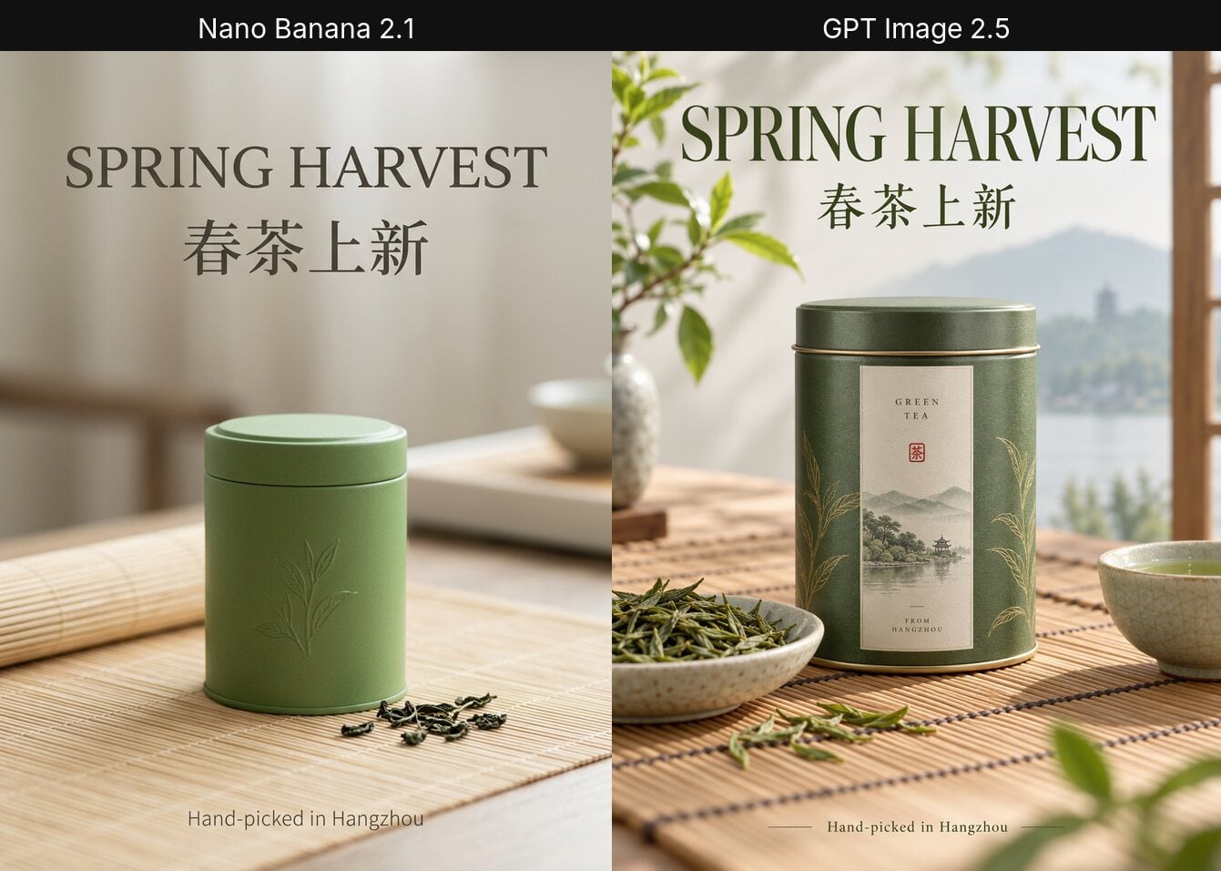Bilingual tea poster: Nano Banana 2.1 vs GPT Image 2.5