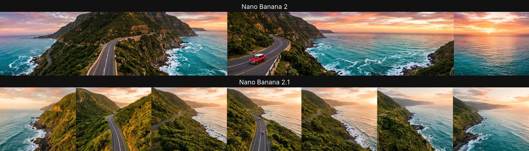 8:1 coastal road banner: Nano Banana 2 vs Nano Banana 2.1