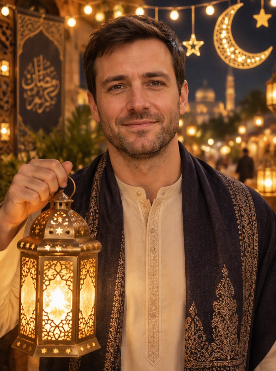 A man holding a glowing Ramadan lantern at night with crescent moon decorations