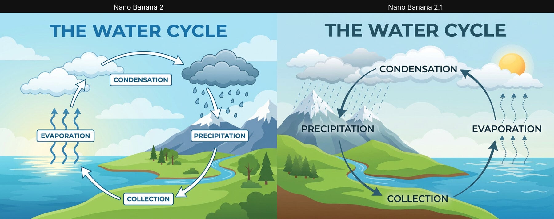 Water cycle infographic: Nano Banana 2 vs Nano Banana 2.1