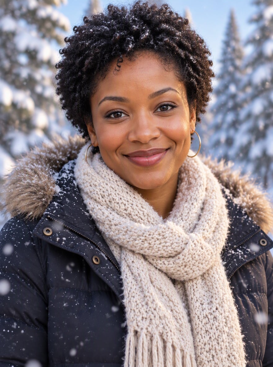 A woman in a winter coat and knitted scarf in a snowy forest