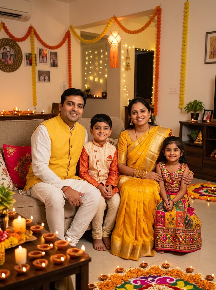 Famiglia: ritratto di Diwali in salotto