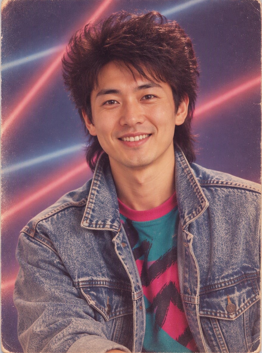 A man restyled as a 1980s studio portrait with big hair and a denim jacket
