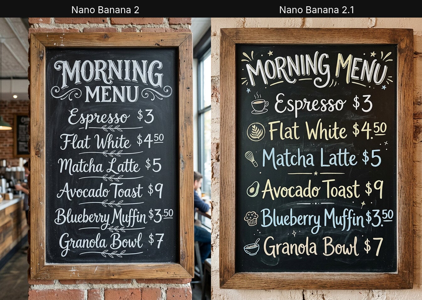 Chalkboard menu: Nano Banana 2 vs Nano Banana 2.1