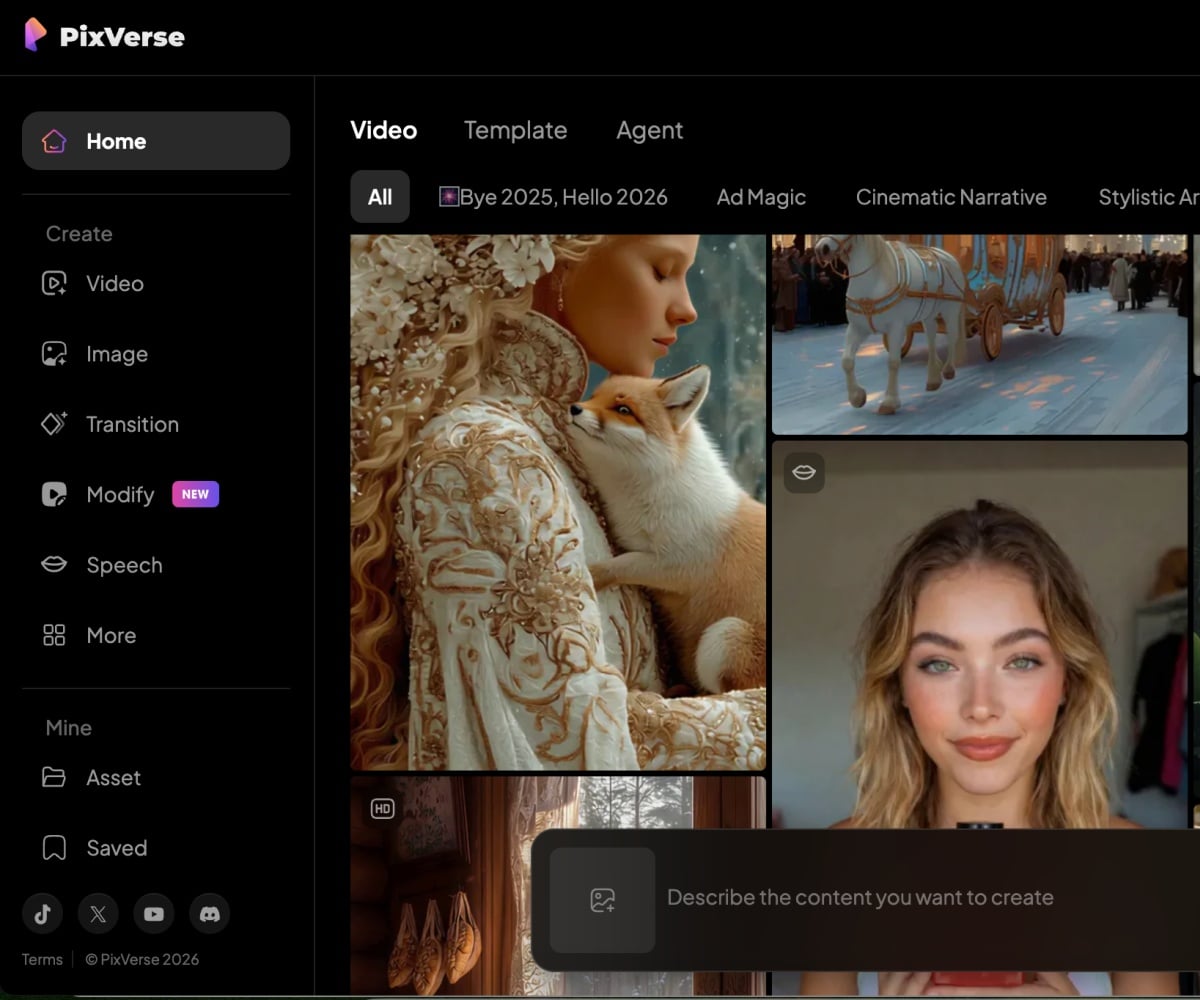 Interfaz del generador de video Pixverse AI 2026