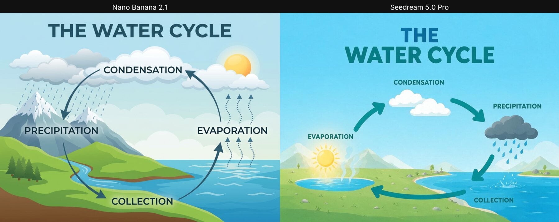 Water cycle infographic: Nano Banana 2.1 vs Seedream 5.0 Pro