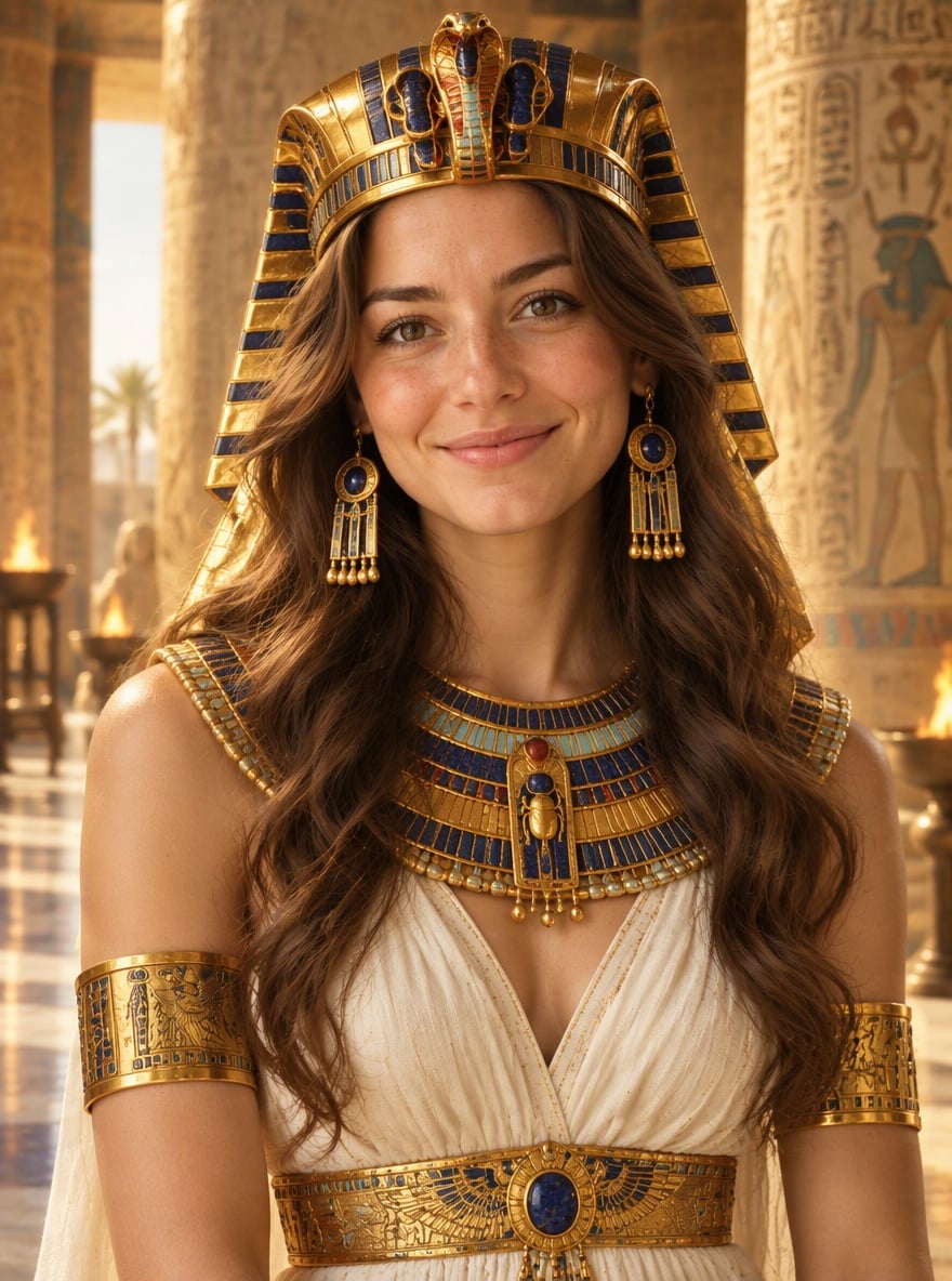 A woman as an ancient Egyptian queen with a golden headdress in a temple hall