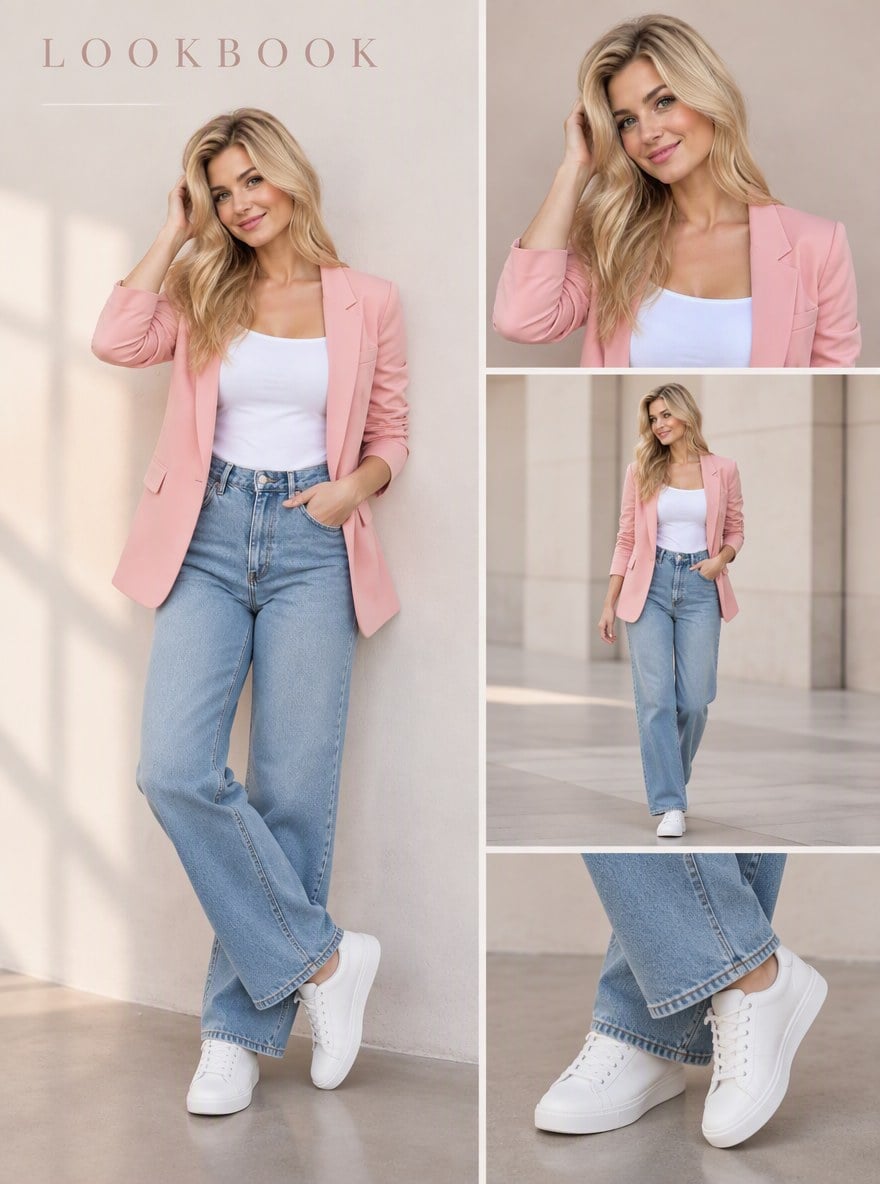 Blazer rosa e denim - Generatore di lookbook IA
