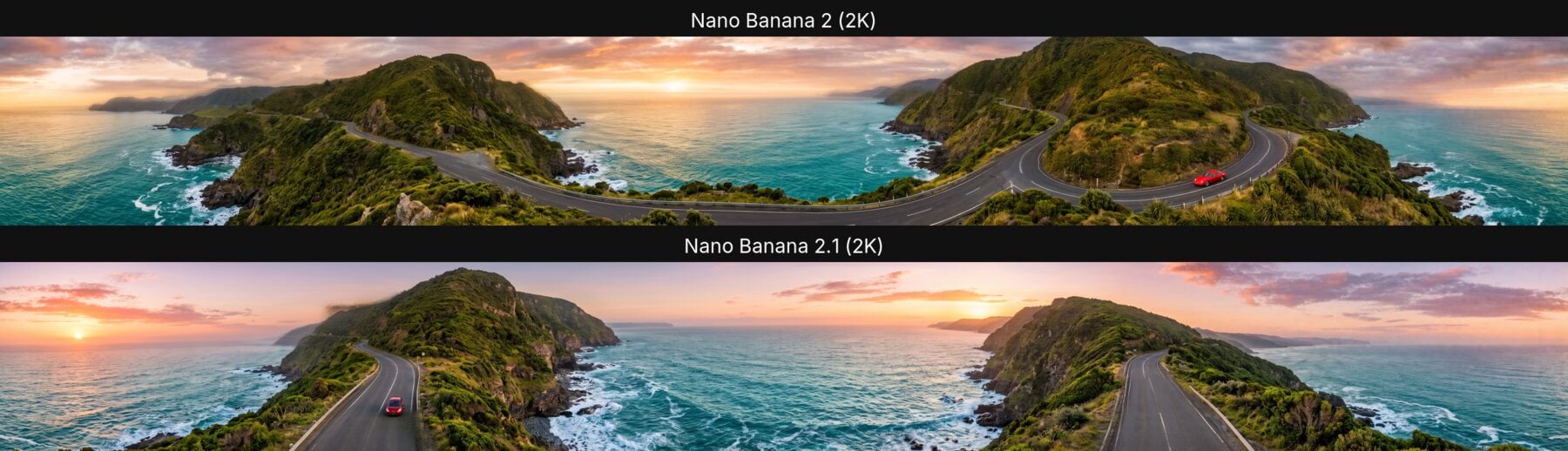 8:1 coastal road banner at 2K: Nano Banana 2 vs Nano Banana 2.1