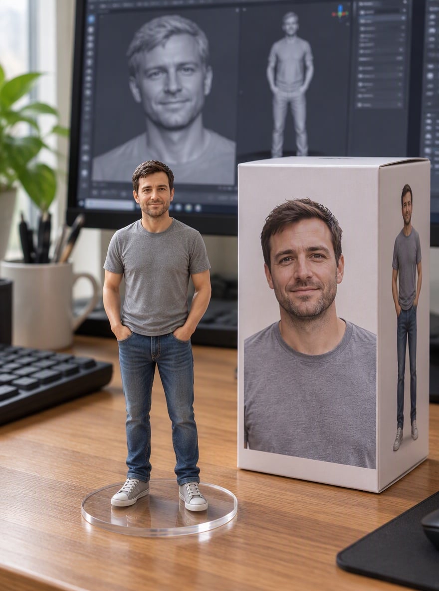 A realistic collectible figurine of a man on a desk next to its box