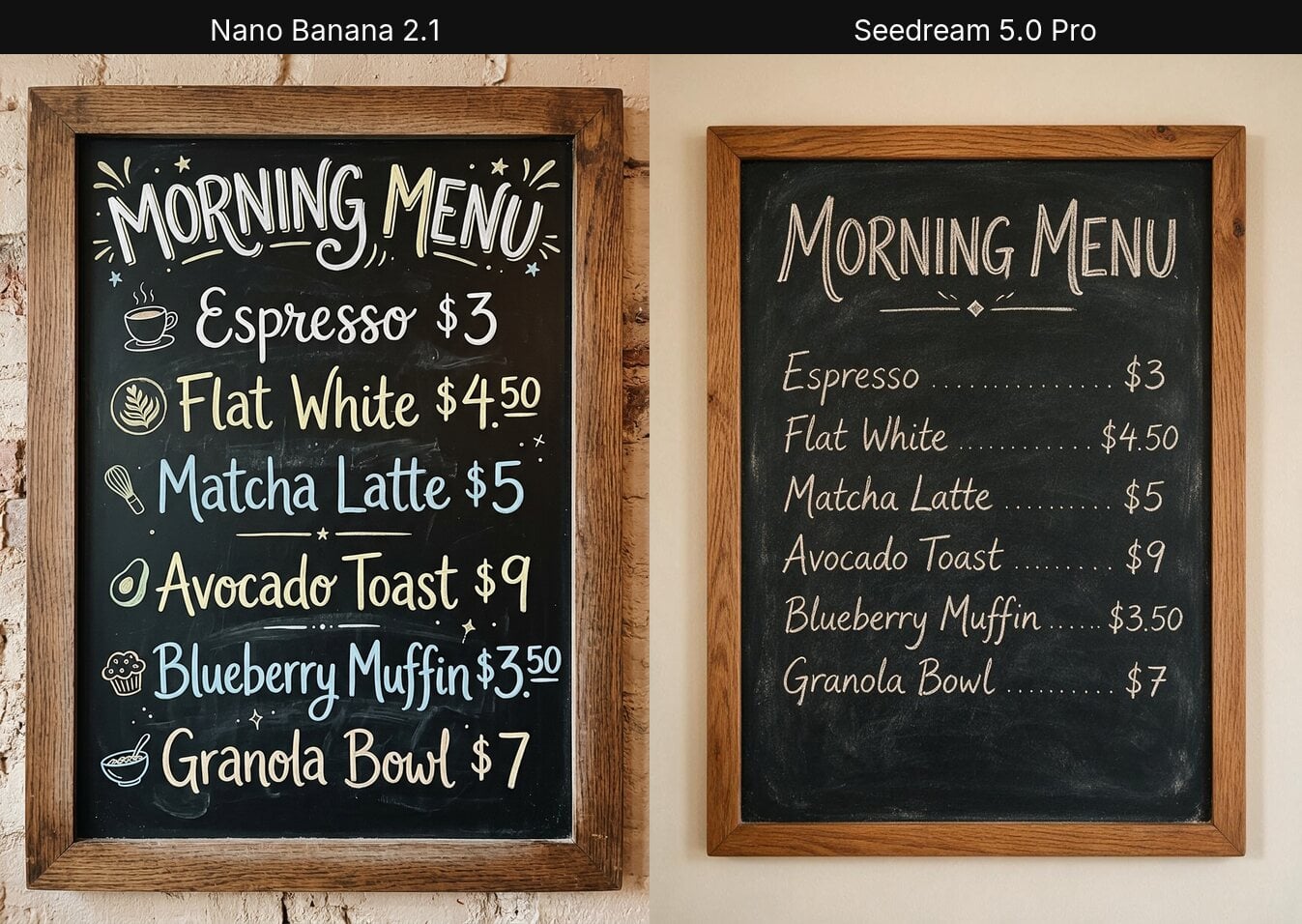 Chalkboard menu: Nano Banana 2.1 vs Seedream 5.0 Pro