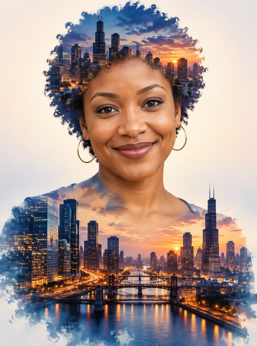 Curly Hair Portrait - AI City Double Exposure