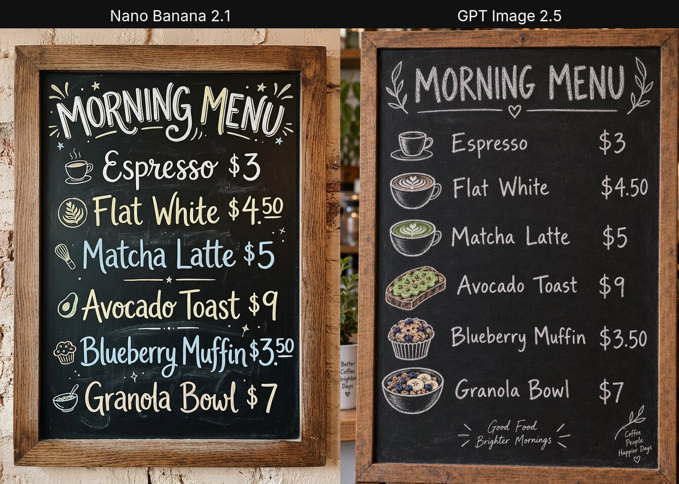 Chalkboard menu: Nano Banana 2.1 vs GPT Image 2.5