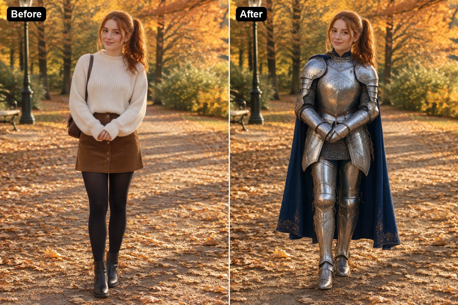 Knight Cosplay - AI clothes changer before and after